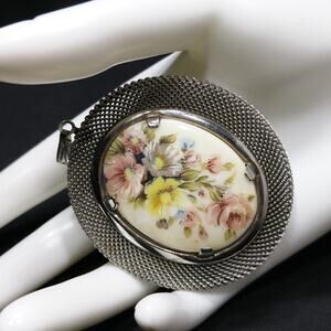 Vintage Floral Porcelain Mesh Frame Pendant, Silver tone, 1960s, 2 3/4 Inches